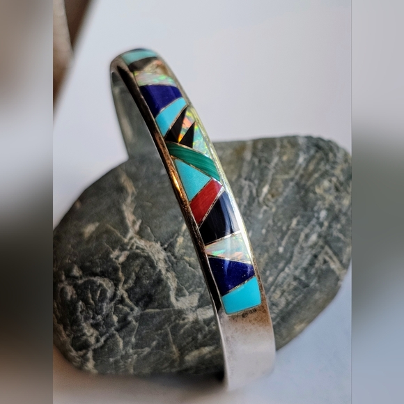 Navajo sterling silver, multi stone inlay cuff. Artist: Steve Fransico (SF) EUC - Picture 14 of 15